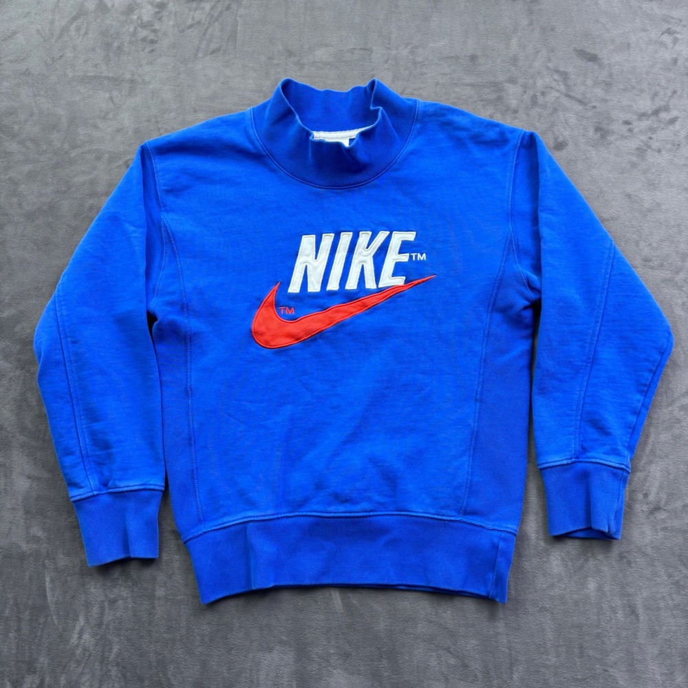 Nike Sportswear Mock Neck Sweatshirt Royal Blue Spellout Swoosh Logo XS